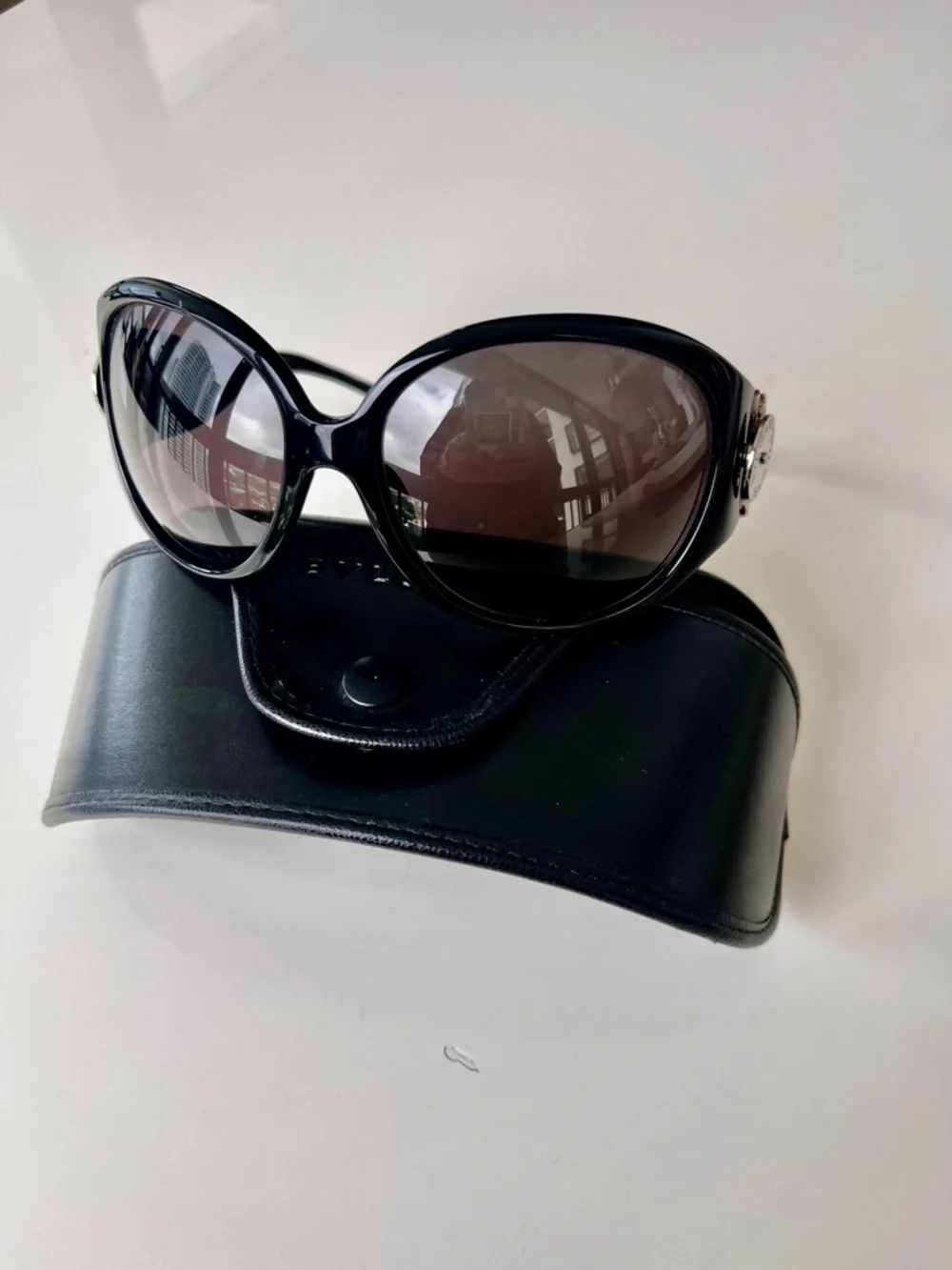 Bulgari Black Sunglasses with Crystal Floral Emblem